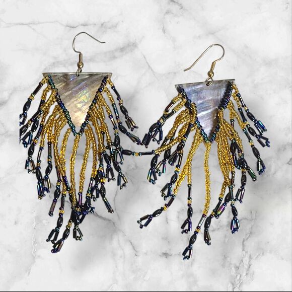 Vintage Big Abalone Shell Glass Seed Bead Chandelier Earrings 4" - Picture 5 of 10